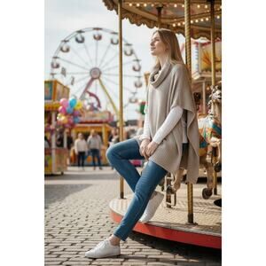 Cream & Beige 100% Cotton Ultra Soft Layering Sweater Cowl Neck Slouchy Knit M